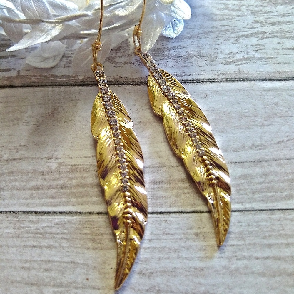 Gold Leaf Earrings with Zircon Bling - Picture 3 of 8